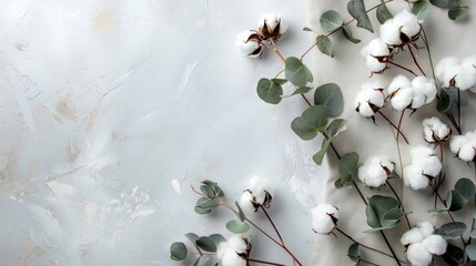 Poster - Composition of cotton flowers and fresh eucalyptus twigs on a light gray background Top view with copy space White cotton flowers in a delicate floral arrangement