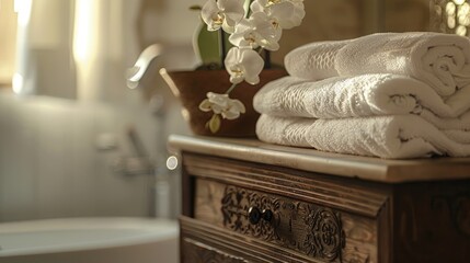 Canvas Print - Antique drawer spa towels and orchid blossoms in a blurry bathroom