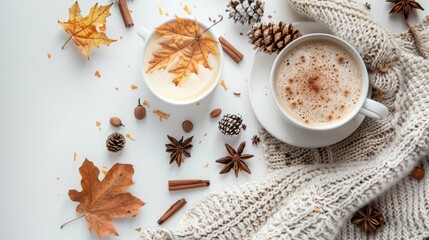 Wall Mural - Top view of hot drink in cup against white background evoking cozy autumn vibes