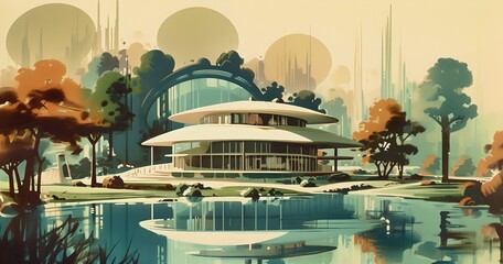 Poster - a painting of a building with a lake in front of it