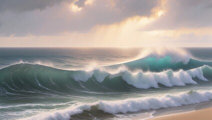 Wall Mural - a painting of a wave crashing on the beach with a sunbeam in the background and a cloudy sky