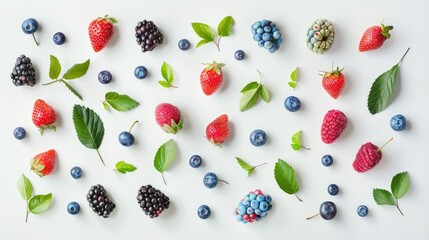 Poster - Assorted berries with leaves on white background Colorful and fresh concept