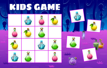 Poster - Halloween kids sudoku game with potion bottles. Vector boardgame riddle worksheet with cartoon colorful brew flasks on chequered board. Educational task, children crossword teaser for leisure fun