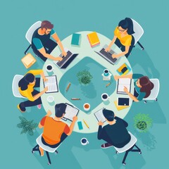 Wall Mural - A group of people are sitting around a table, working together