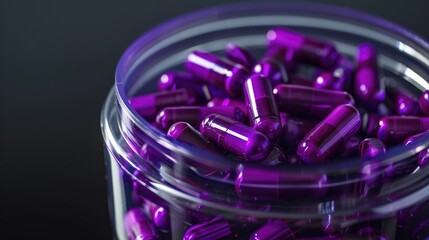 Poster - Purple capsules in transparent container with dramatic lighting on black background for health concept