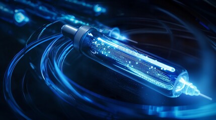 Wall Mural - A glowing blue vial with intricate details floats amidst swirling blue light trails in a dark, futuristic environment.