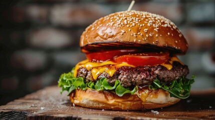 Wall Mural - Burger with beef cheese tomato on table American food close up on dark background marble