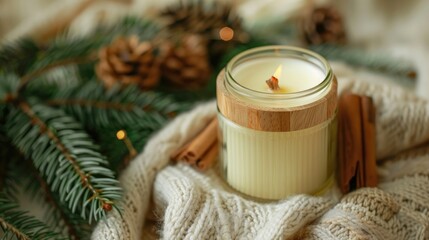 Canvas Print - Wood Wick Soy Candle in Glass Jar with Wooden Cover Adorned with Pine Branches Festive Gift Idea