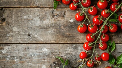 Wall Mural - Fresh red cherry tomato branches on wooden background seen from above