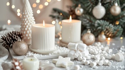 Sticker - Festive Christmas home decor with candles marshmallows trees on light background