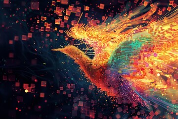 Wall Mural - A phoenix rising from flames, with a background composed of shimmering, colorful pixels and data streams. 