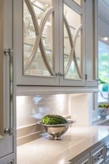 Wall Mural - Closeup of modern white kitchen interior with built in sink and mirror