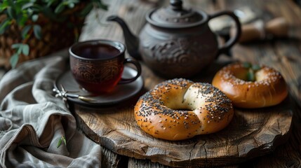 Poster - Tea and bagels in a rustic setting with a vintage teapot