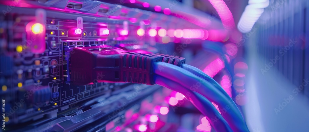 Internet LAN cable In a modern server room For storing and transmitting ...
