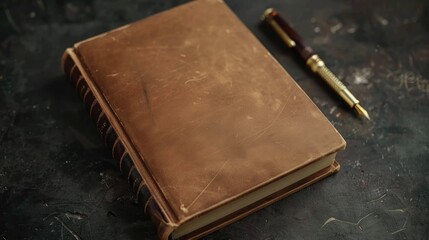 Poster - Photo of empty kraft book and pen on dark surface