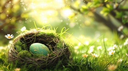 Wall Mural - Background with Easter nest and painted egg in grass