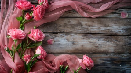 Poster - Flowers and pink material on wooden surface with text space Background for Mother s or Valentine s Day