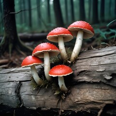 Wall Mural - Some mushrooms with red caps and white gills growing on a decaying log against a dark background