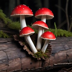 Wall Mural - Some mushrooms with red caps and white gills growing on a decaying log against a dark background