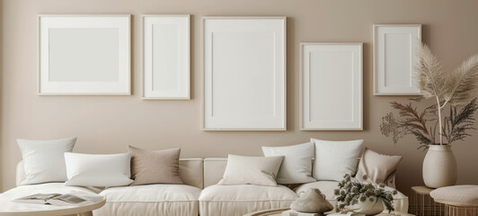 Assorted blank picture frames with mixed art styles on a warm neutral wall