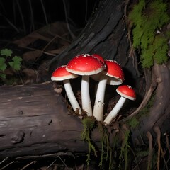 Wall Mural - Some mushrooms with red caps and white gills growing on a decaying log against a dark background