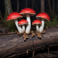 Wall Mural - Some mushrooms with red caps and white gills growing on a decaying log against a dark background