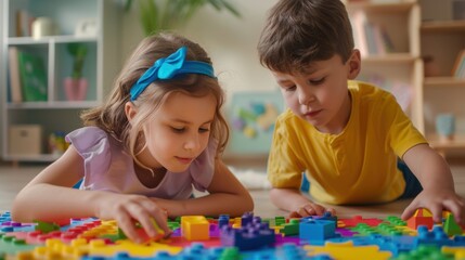 Wall Mural - The kids playing with blocks