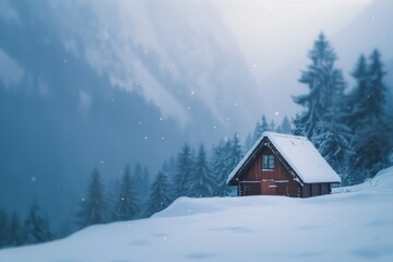 Wall Mural - A small cabin covered in snow, with a softly blurred background of snowy trees and mountains.