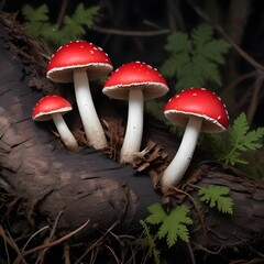 Wall Mural - Some mushrooms with red caps and white gills growing on a decaying log against a dark background