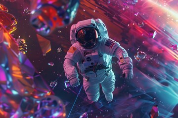 An astronaut floating in a surreal, colorful digital environment with abstract shapes, and vibrant colors.