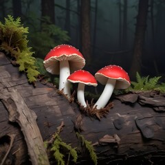 Wall Mural - Some mushrooms with red caps and white gills growing on a decaying log against a dark background