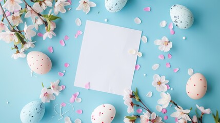 Sticker - Easter themed flat lay with eggs flowers and paper on blue background