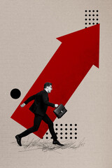 Wall Mural - Vertical photo collage of happy businessman run promotion development arrow goal progress career growth isolated on painted background