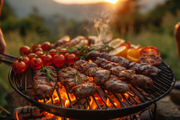 Tomatoes and meat on a grill, with a group of friends sitting around the campfire in the background. The setting sun casts a beautiful glow