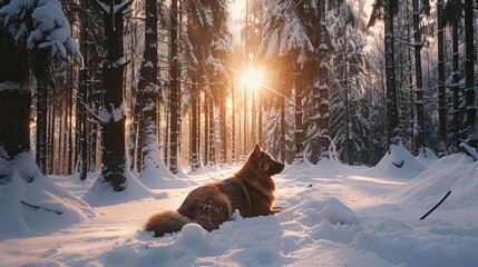 Large canine resting in snowy forest among pine trees