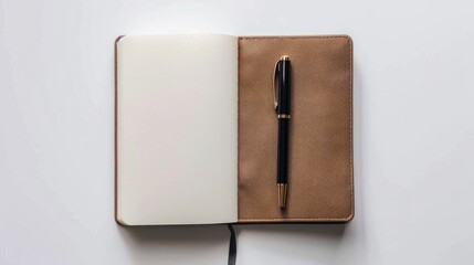 Poster - White and brown notebook with black pen on white background