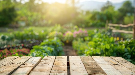 Poster - Blurry background of organic farm with wooden table top for food drink or health business with fresh scenery