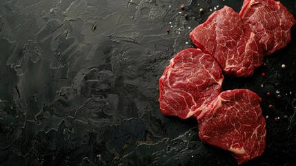 Wall Mural - Top view of raw organic marbled beef steaks on dark surface with space for text