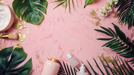 Poster - Top down view of spa beauty products on pink surface with gold tropical foliage spacious for text