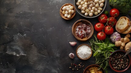 Poster - Mediterranean food ingredients on dark table with copy space top view