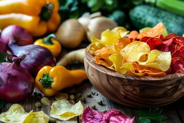 Poster - Assortment of vegan snacks including veggie chips and fresh farmer vegetables in wooden bowl rustic still life with focused details