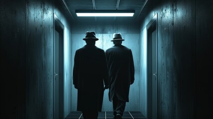 Wall Mural - Two men wearing hats and coats walking down a hallway