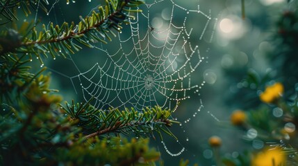 Zoom in on the delicate details of a spider's web covered in morning dew