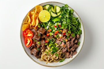 Wall Mural - Buckwheat noodles with teriyaki beef cilantro green onions zucchini chips chili pepper lime on round plate White background