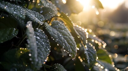Dewy Green Leaves Capturing the Morning Sunlight in a Tranquil Nature Scene
