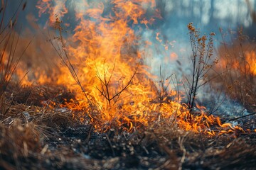 Sticker - Burnt dry grass in field Forest blaze Farmer burns stubble Field on fire