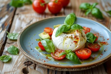 Canvas Print - Burrata salad with avocado cream on rustic plate at cafe fresh meal on wooden table outdoors