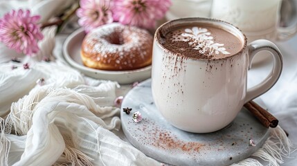 Poster - A white coffee mug with a chocolate design sits on a marble coaster