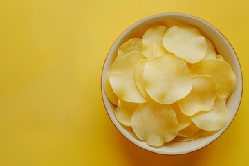 Sticker - Close up of cassava chips in a bowl on yellow background Great for recipes articles catalogs or commercials