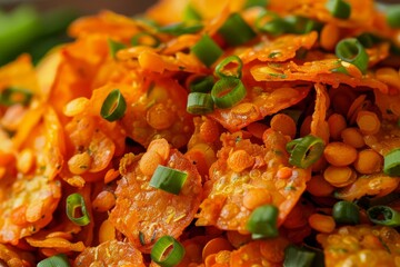 Poster - Close up of red lentil chips with green onions on food background